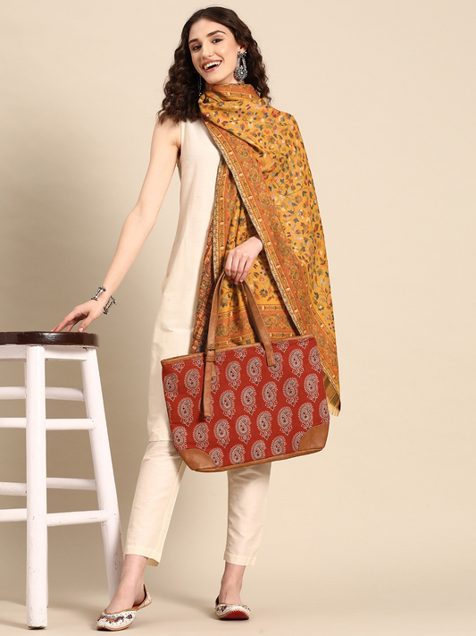 Women Mustard Woven Design Kashmiri Kaani Stole