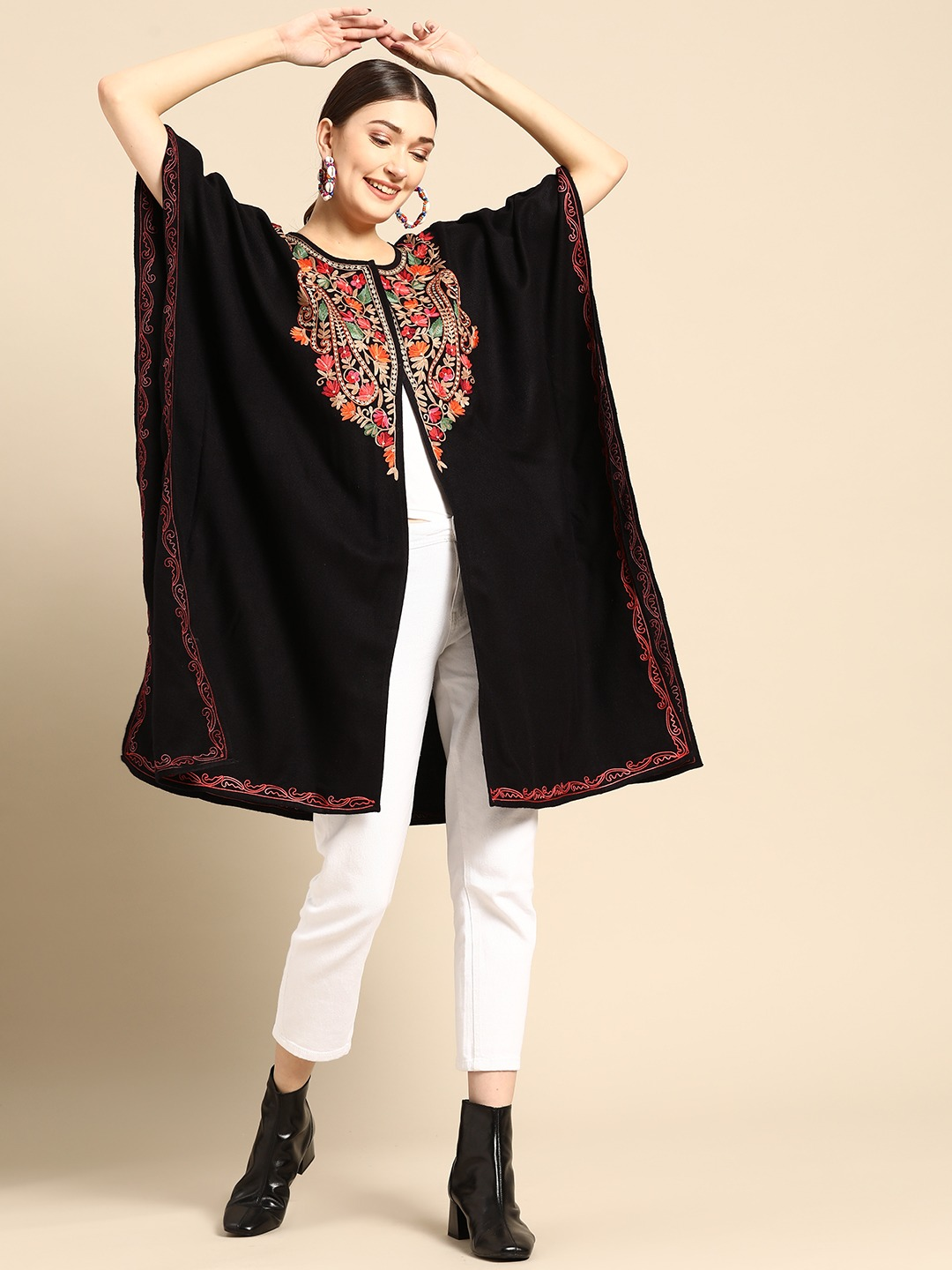 Women Floral Embroidered Flared Sleeves Thread Work Acrylic Fusion Kaftan Kurta