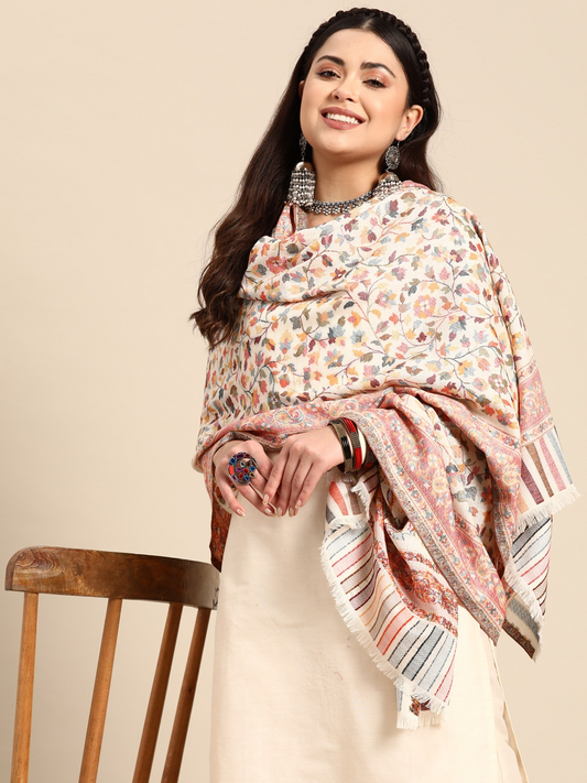 Women White Woven Design Kashmiri Kaani Stole