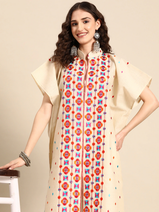 Women Floral Embroidered Flared Sleeves Cotton Kaftan Kurta