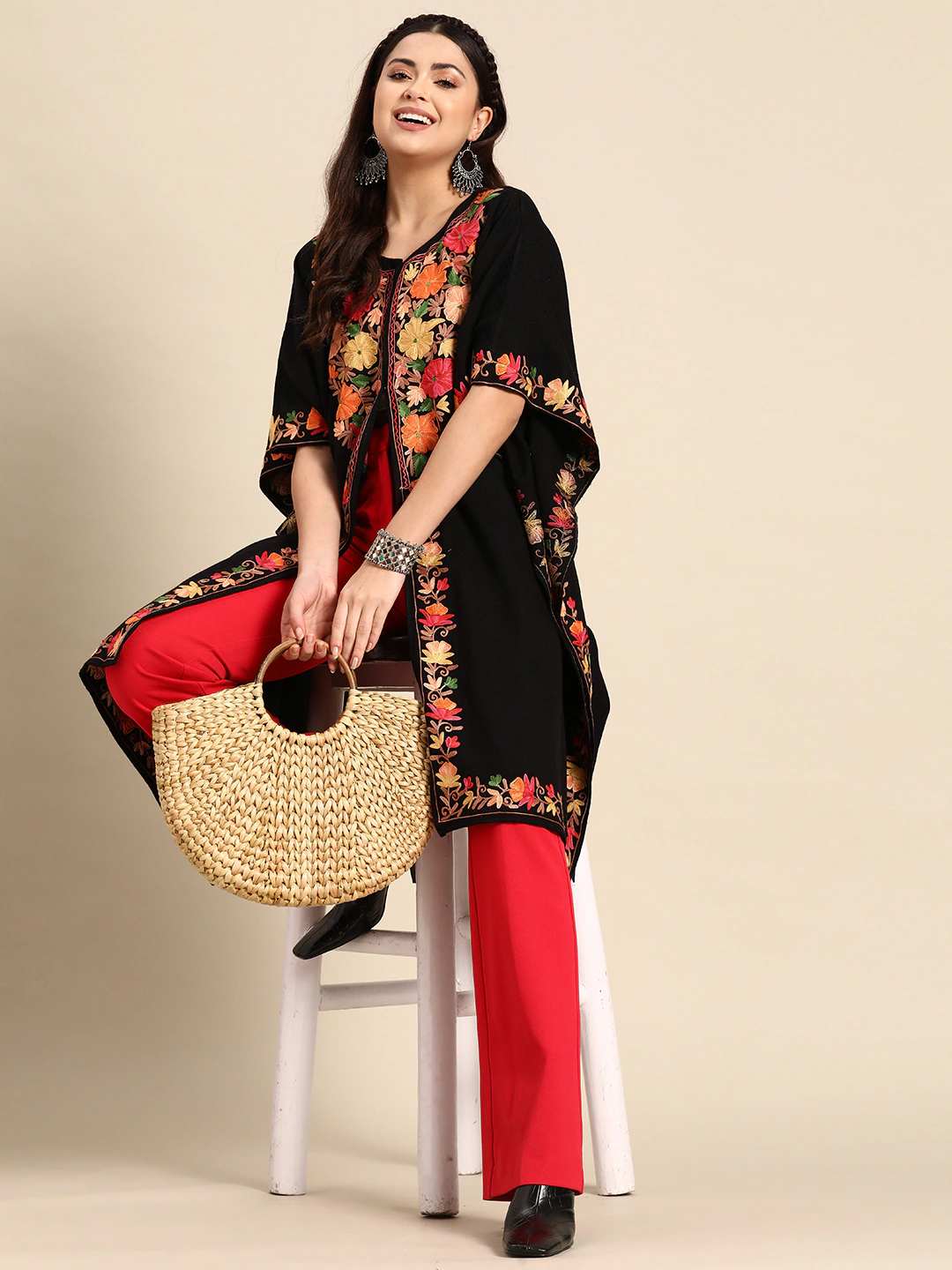 Women Black Floral Aari Embroidered Flared Sleeves Kashmiri Pheran