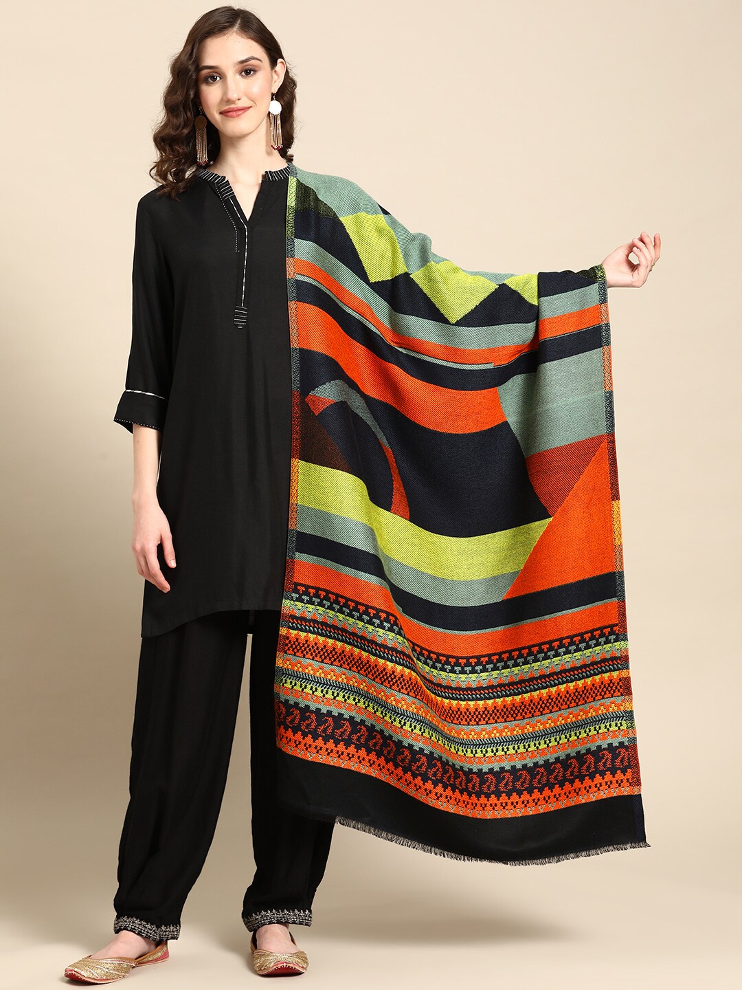 Multicoloured Woven Design Geometric Stole