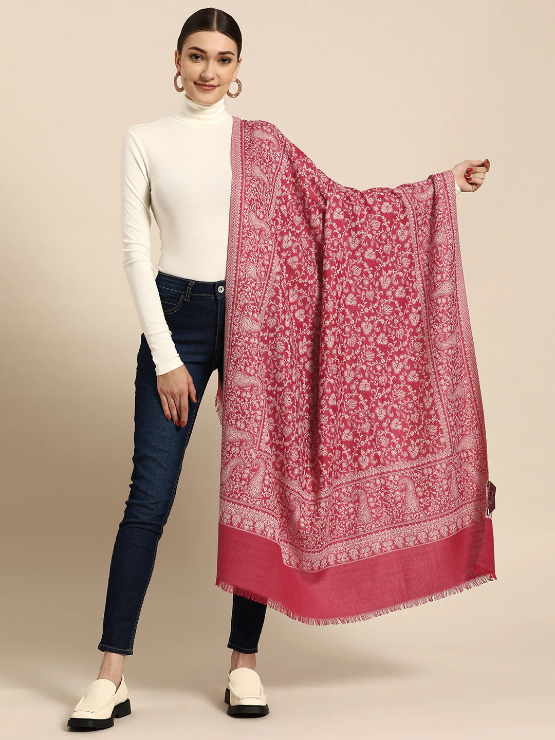 Women Pink Kashmiri Woven Embroidery Design Shawl