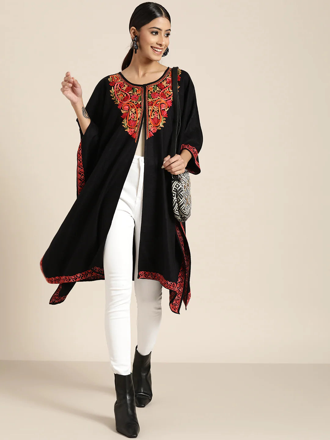 Women Black & Red Aari Work Yoke Design Kashmiri Embroidered High-Low Pheran