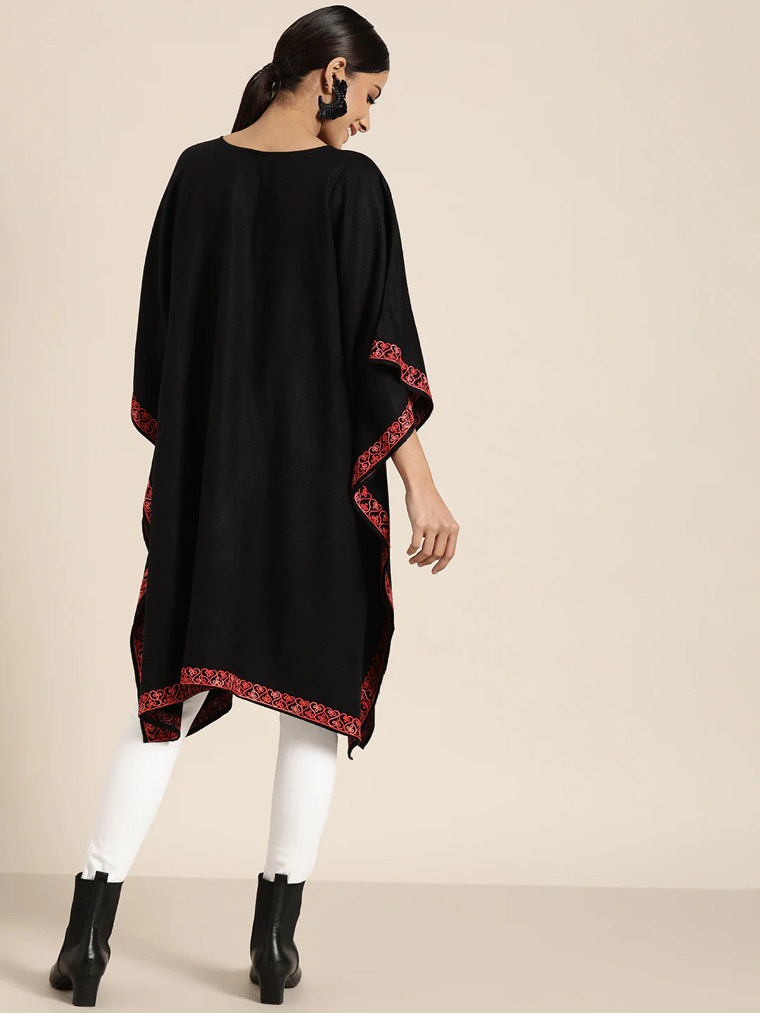 Women Black & Red Aari Work Yoke Design Kashmiri Embroidered High-Low Pheran