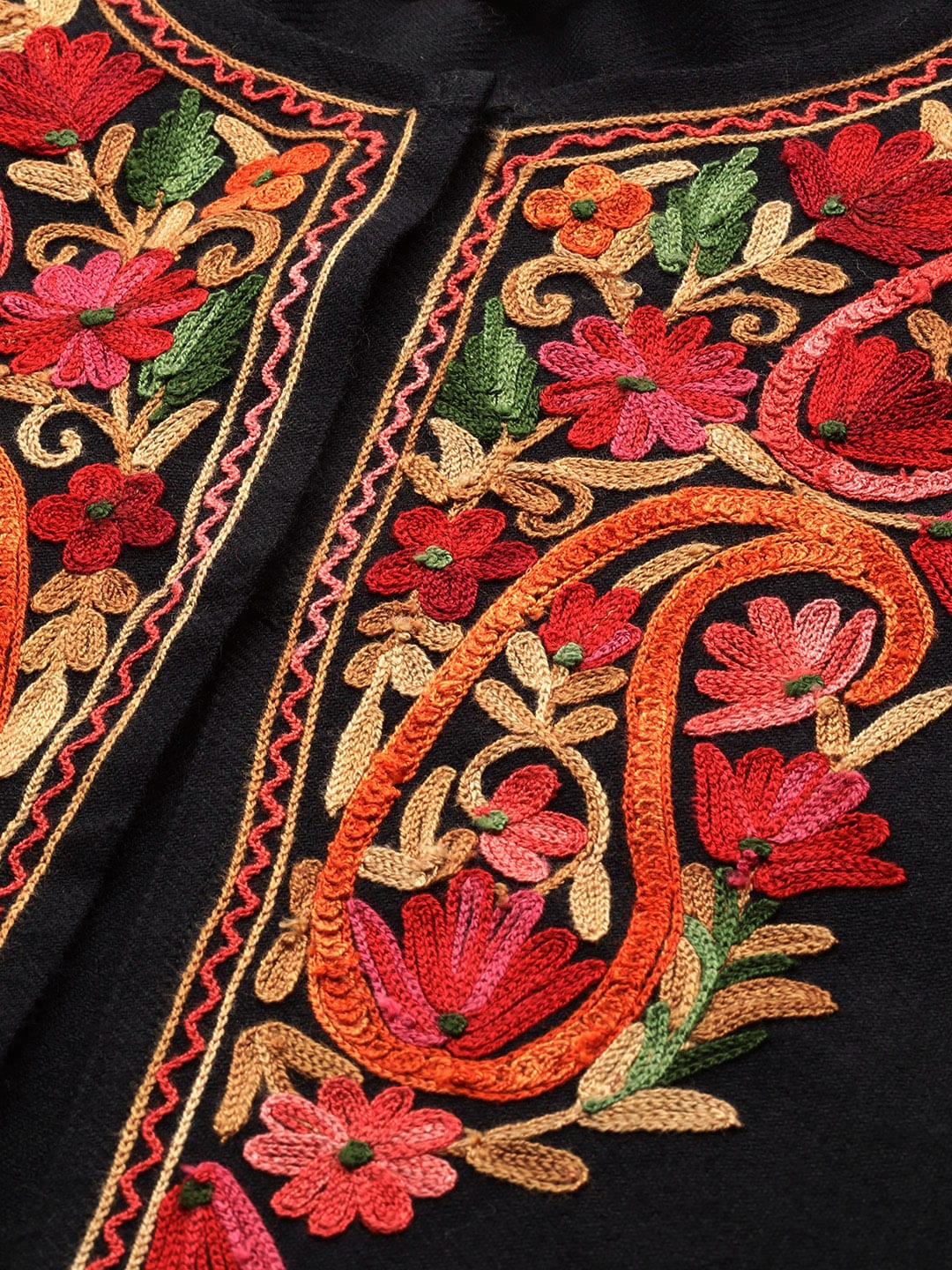 Women Black & Red Aari Work Yoke Design Kashmiri Embroidered High-Low Pheran