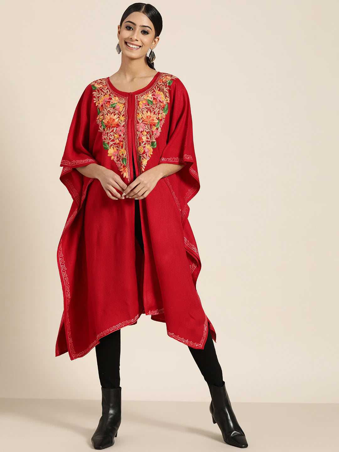 Women Red Kashmiri Floral Embroidery Pheran