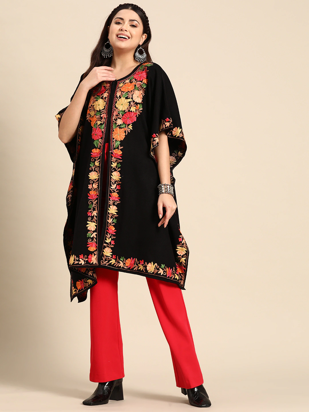 Women Black Floral Aari Embroidered Flared Sleeves Kashmiri Pheran