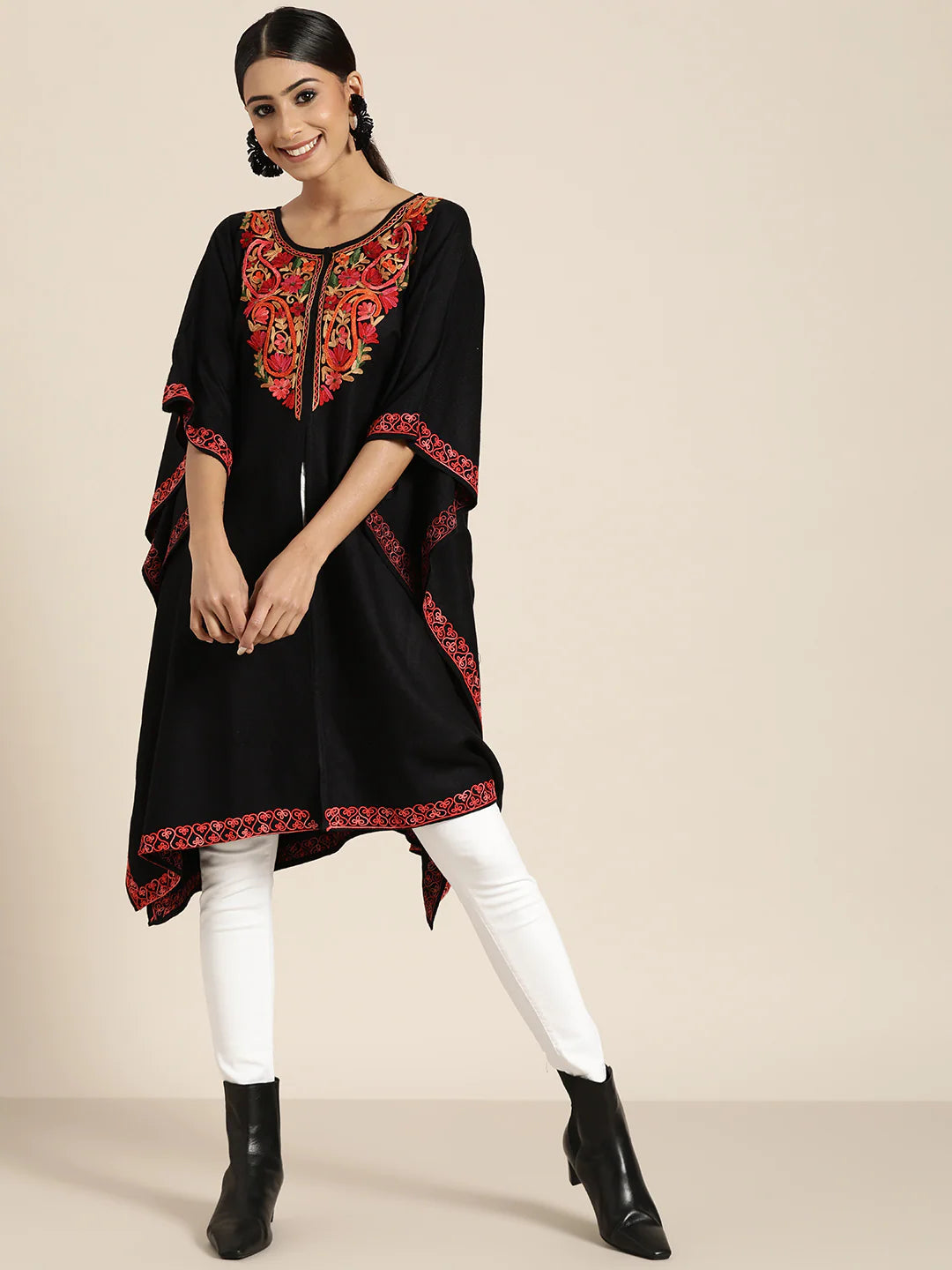 Women Black & Red Aari Work Yoke Design Kashmiri Embroidered High-Low Pheran