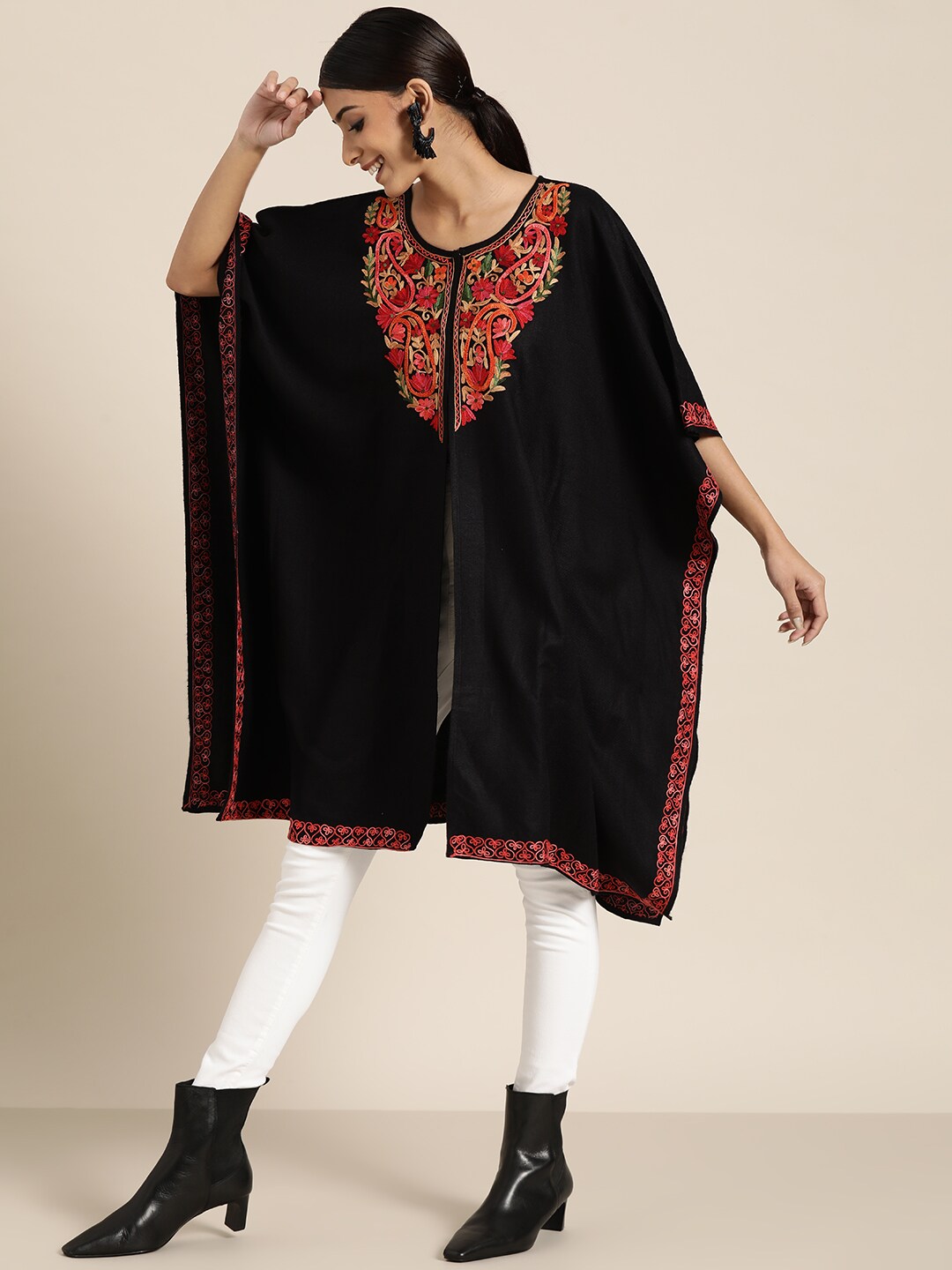 Women Black & Red Aari Work Yoke Design Kashmiri Embroidered High-Low Pheran