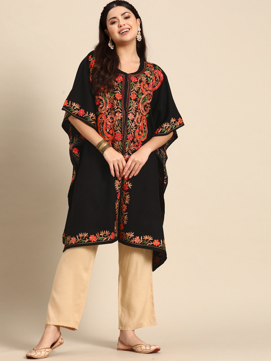 Women Black Floral Embroidered Flared Sleeves Jacquard Pheran