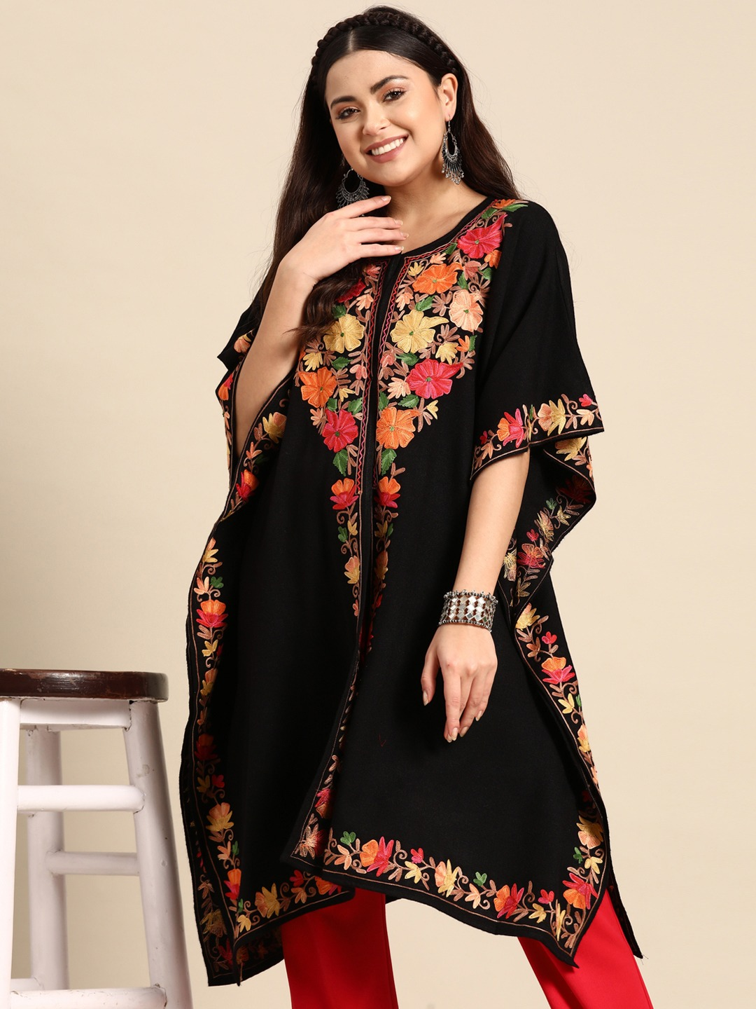 Women Black Floral Aari Embroidered Flared Sleeves Kashmiri Pheran