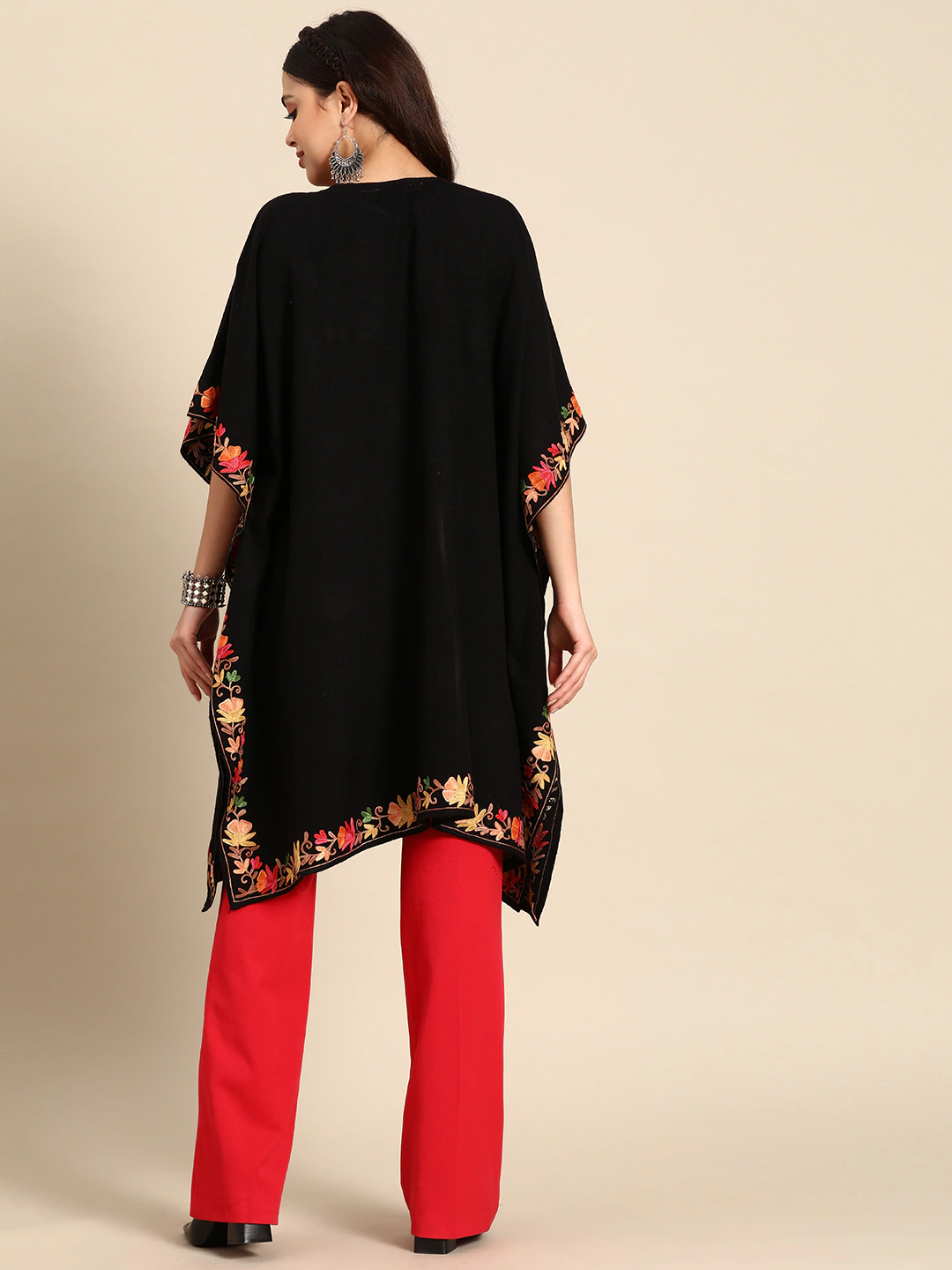 Women Black Floral Aari Embroidered Flared Sleeves Kashmiri Pheran