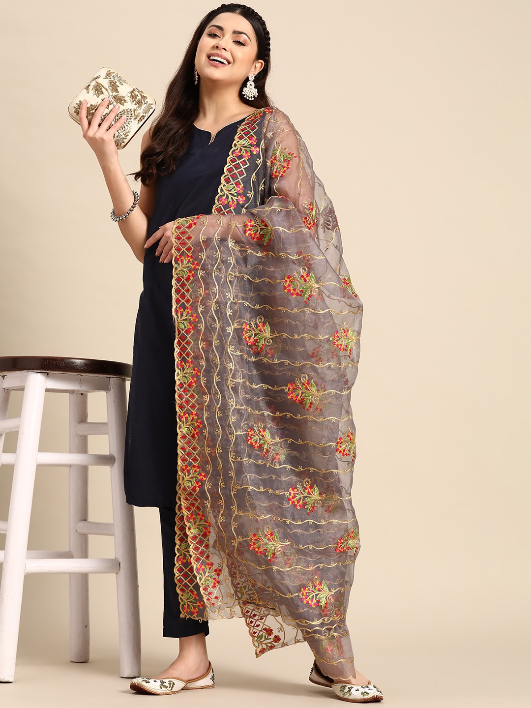 Grey Embroidered Organza Dupatta with Zari Detail