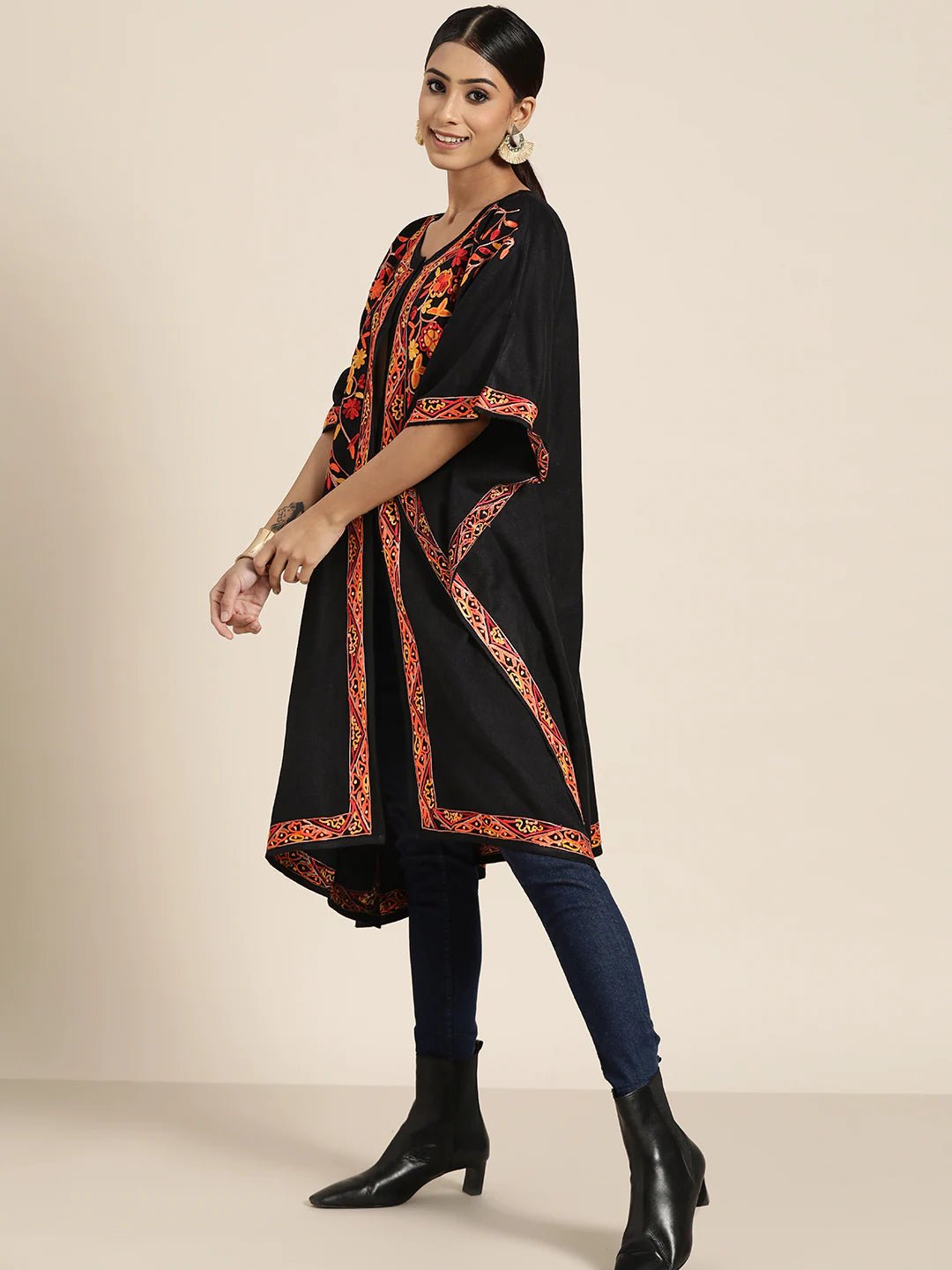 Women Black & Yellow Aari Work Yoke Design Kashmiri Embroidered High-Low Pheran - Signet Scarves