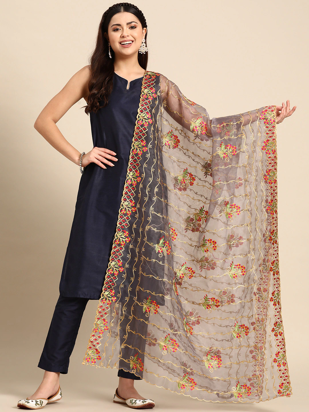 Grey Embroidered Organza Dupatta with Zari Detail